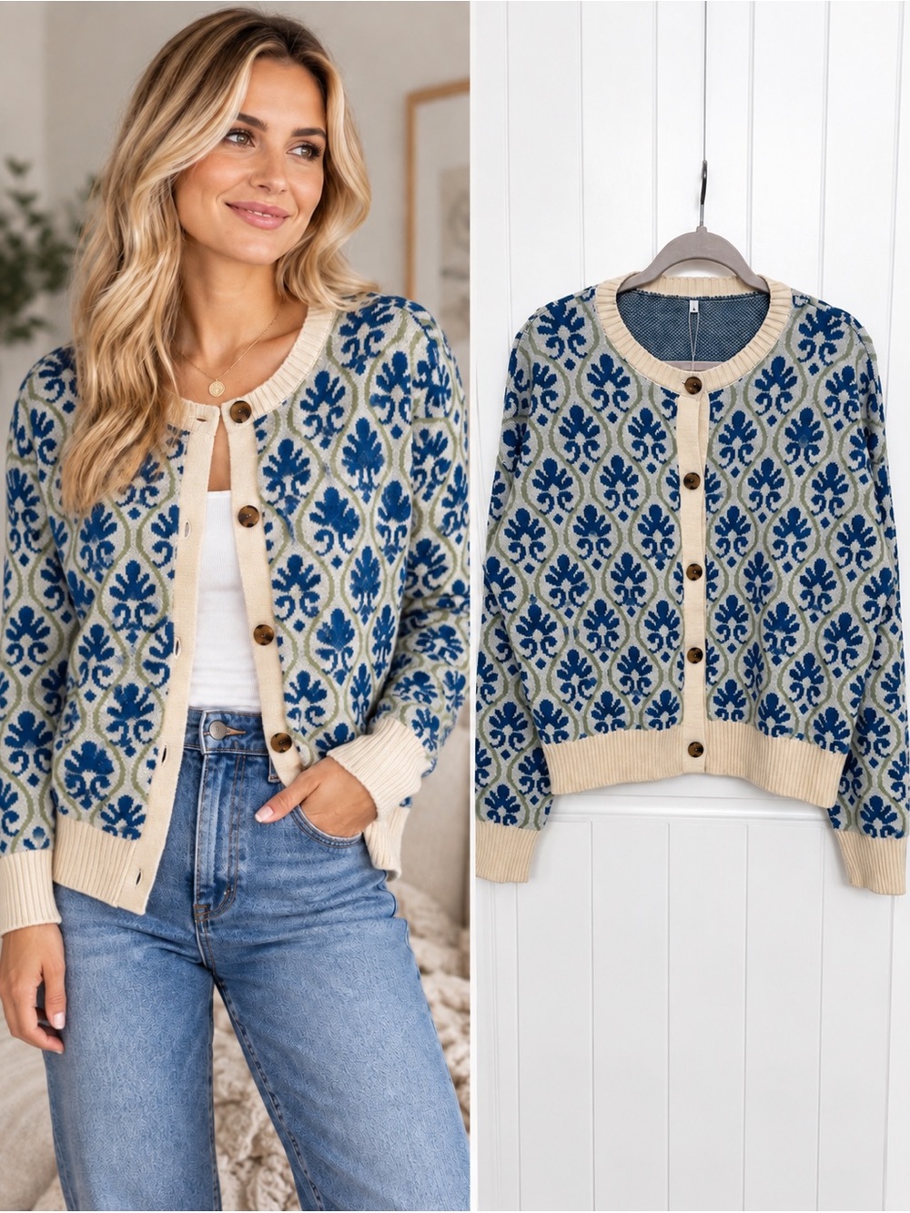 NWT Blue Sage Green & Cream Floral Damask Button Front Cardigan Sweater